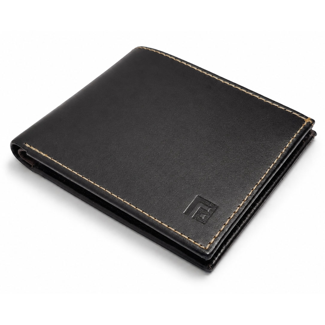 Black leather wallet with a brand logo on a white background