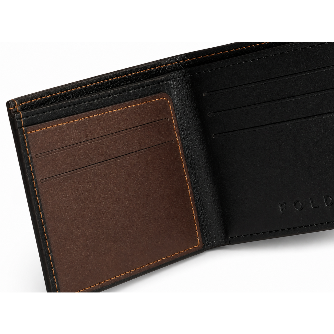 Fold premium brown and black leather wallet front view