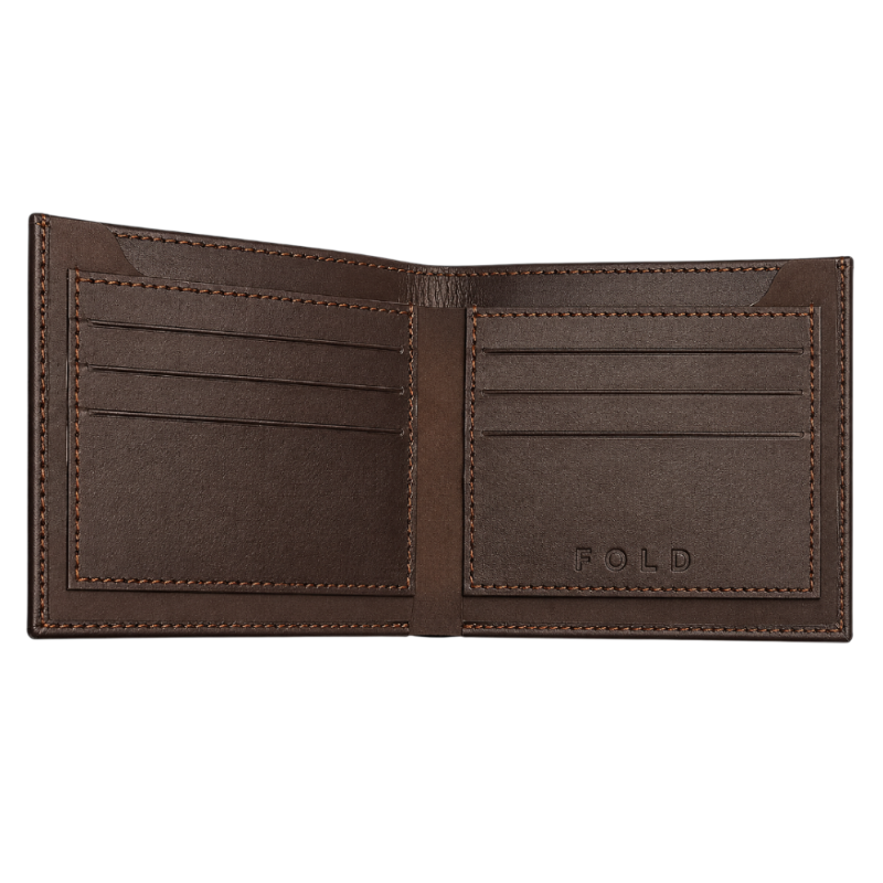 Fold handcrafted brown leather wallet close-up