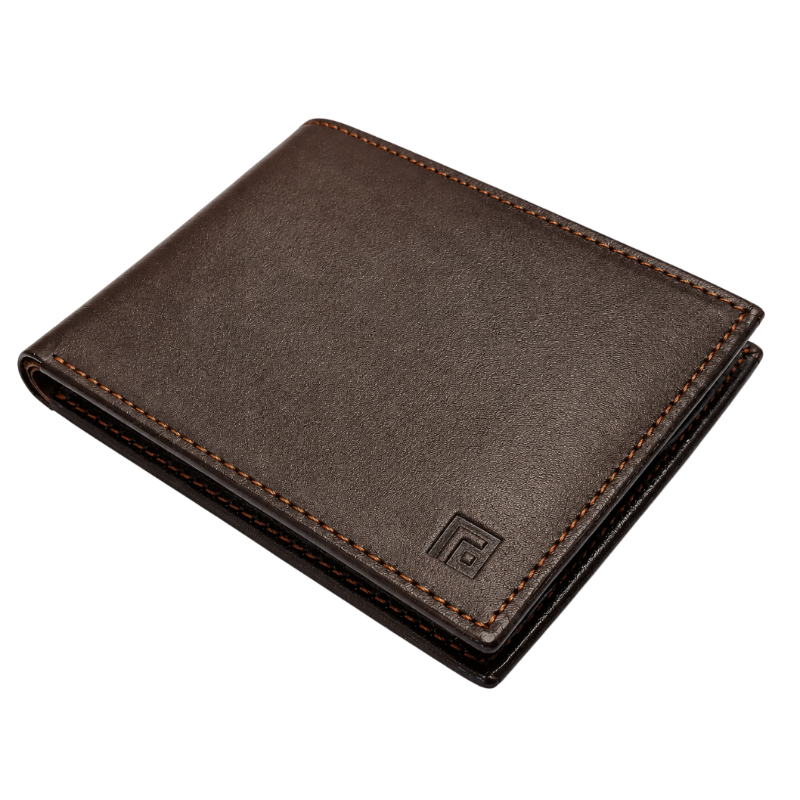 Fold premium brown leather wallet front detail