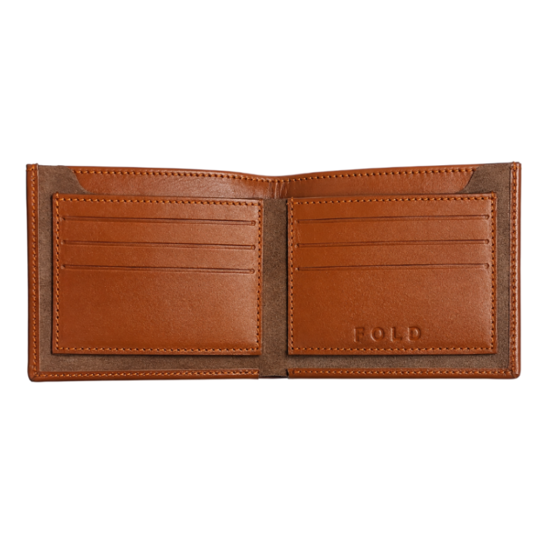 Fold handcrafted tan leather wallet close-up