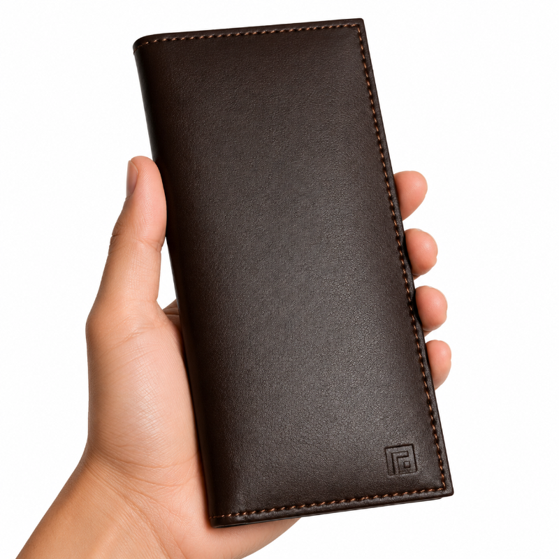 Hand holding a brown leather wallet with a visible brand logo on a white background