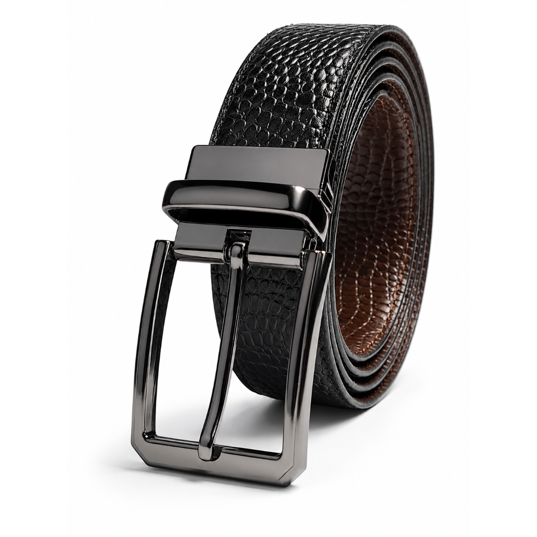 Black textured leather belt with silver buckle on a white background