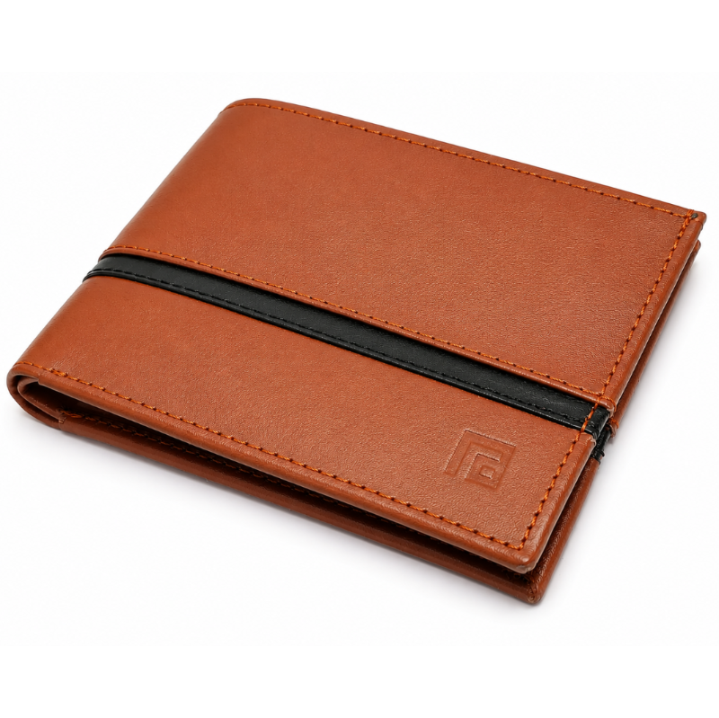 Fold minimalist tan and black wallet angled profile