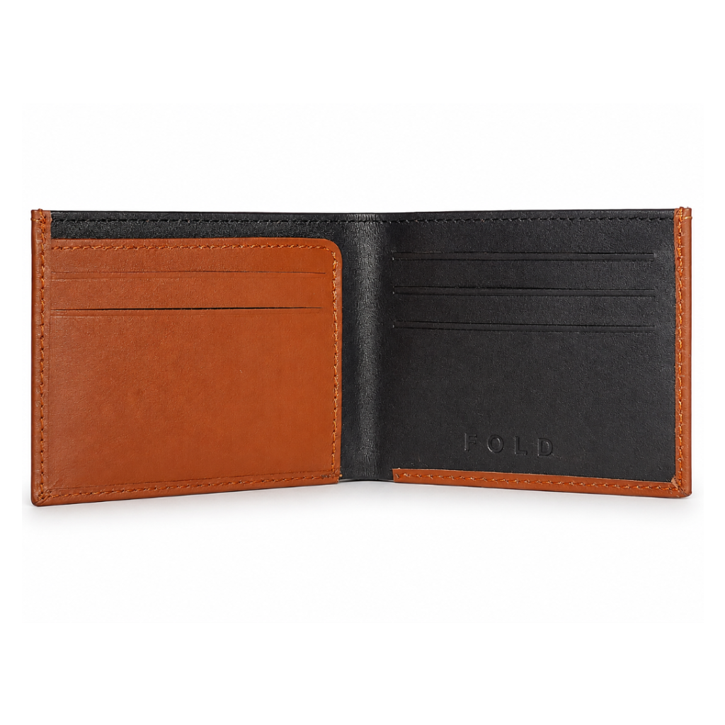 Fold minimalist tan black leather wallet close-up