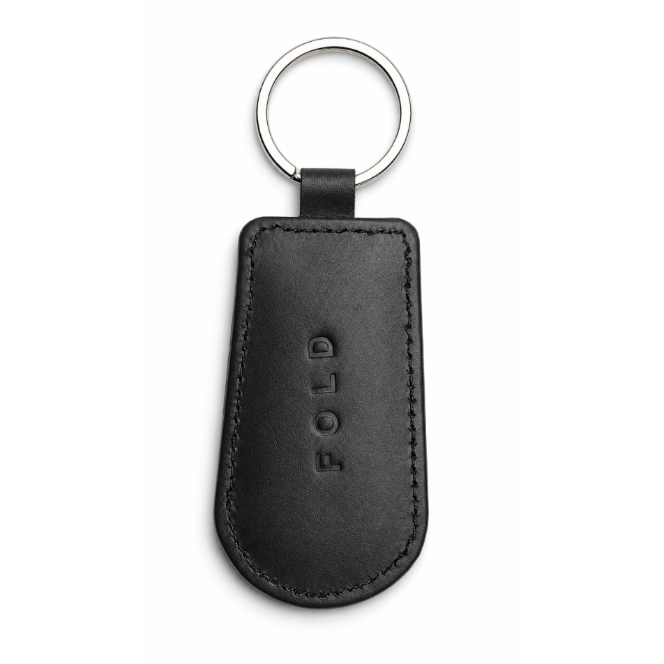 Black leather keychain with 'FOLD' branding on a white background