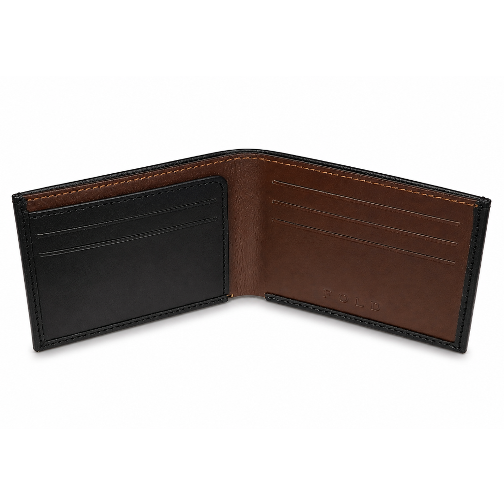 Fold handcrafted black and brown leather wallet detail