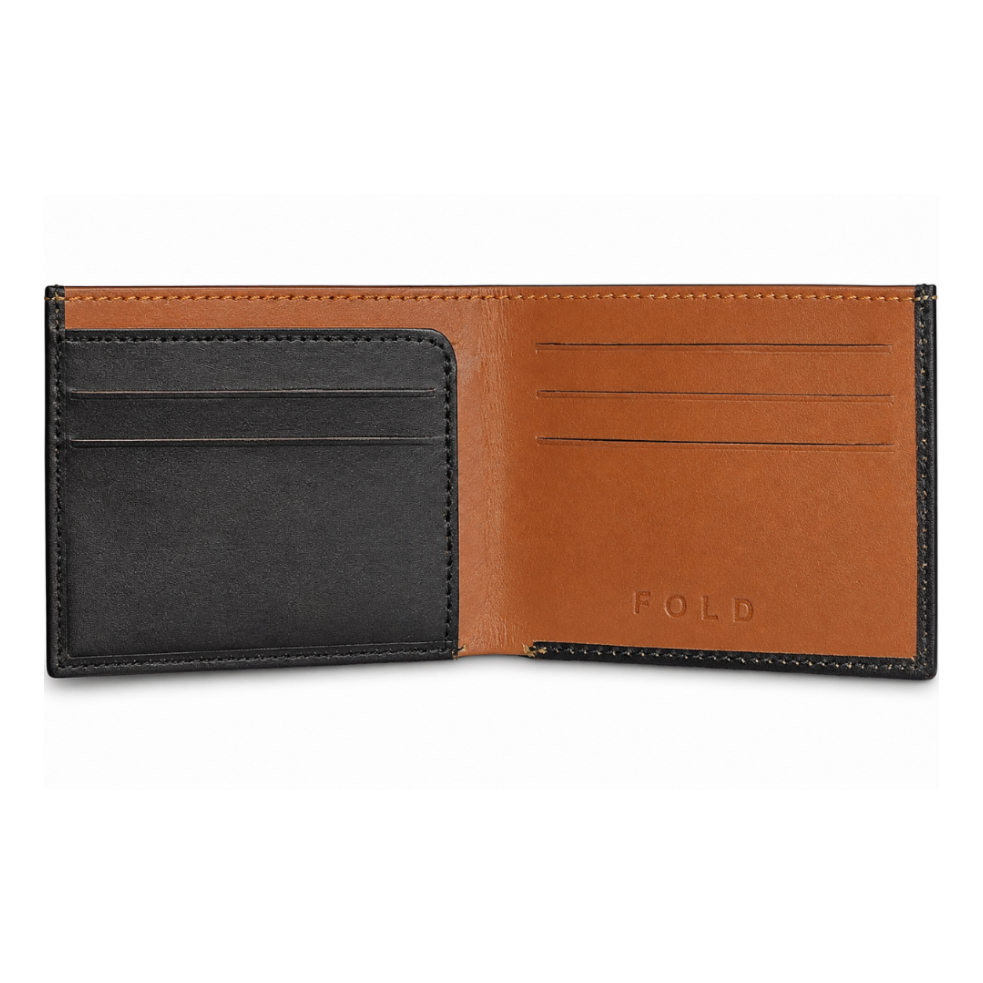 Fold handcrafted black and tan leather wallet close-up