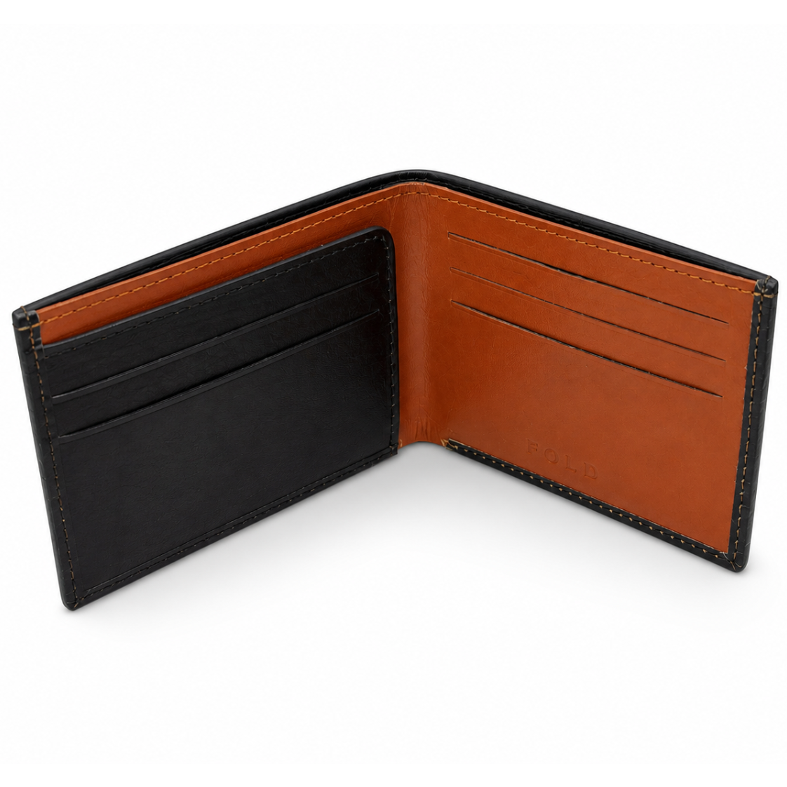 Fold premium black and tan leather wallet front view
