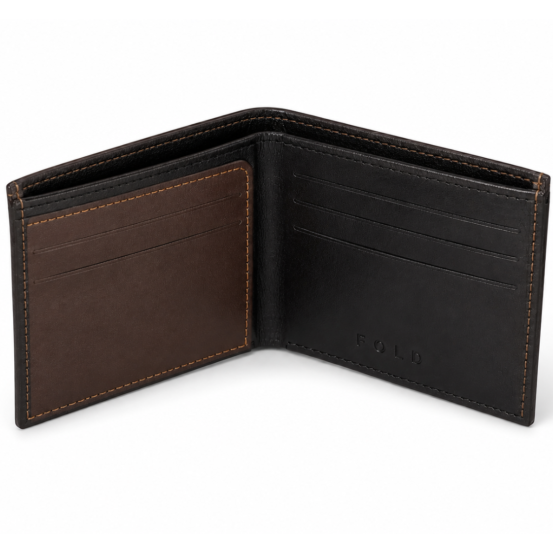 Fold handcrafted brown and black leather wallet detail