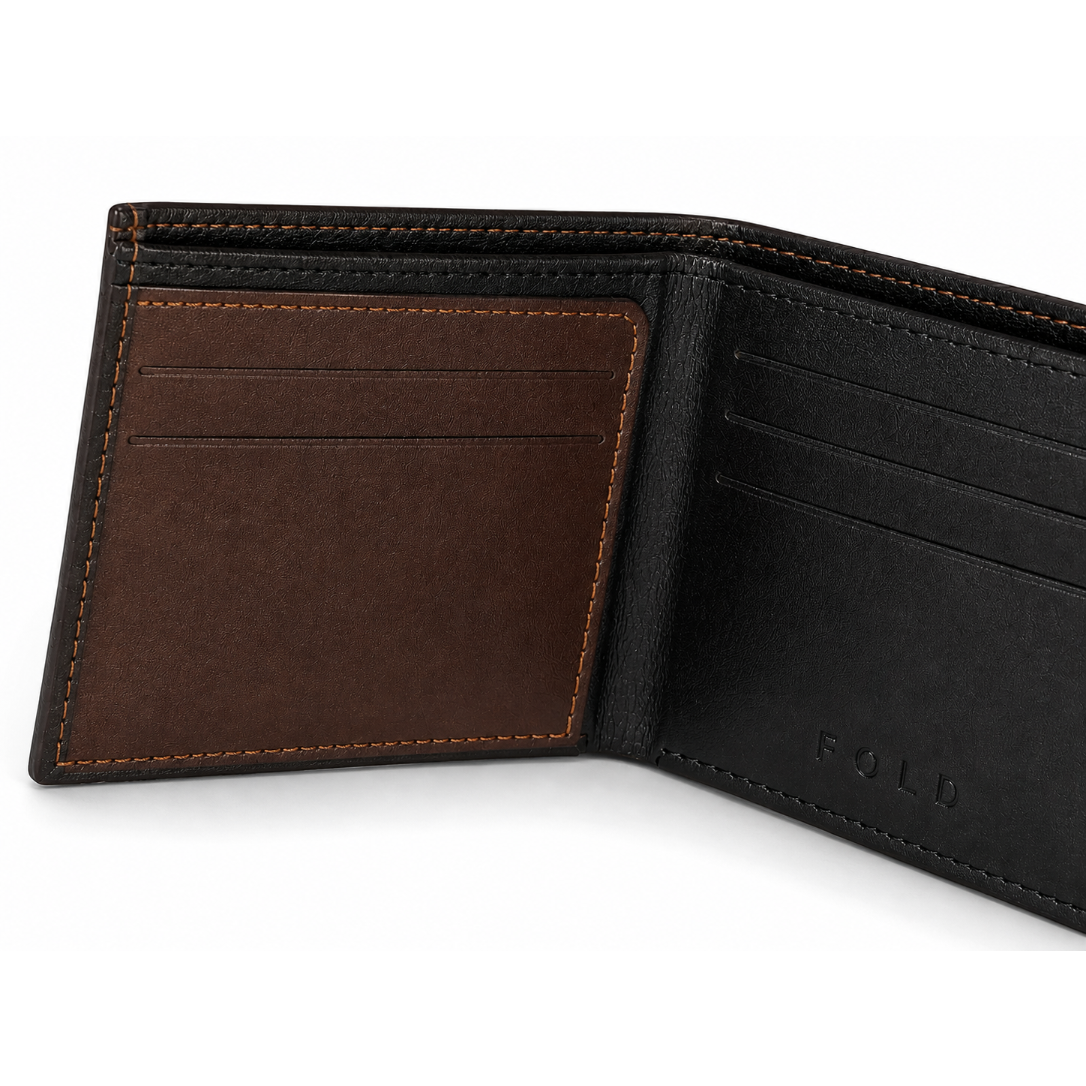 Fold brown black leather wallet interior organization