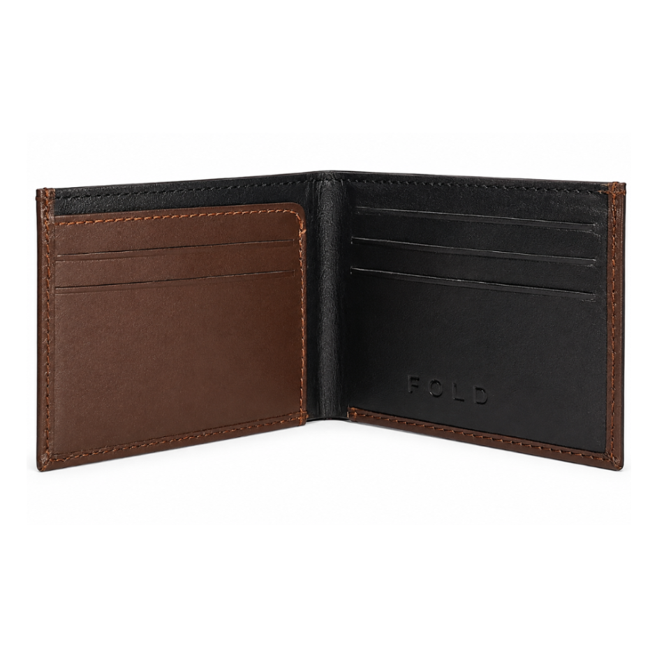 Brown leather wallet with black interior, open to show card slots on a white background.