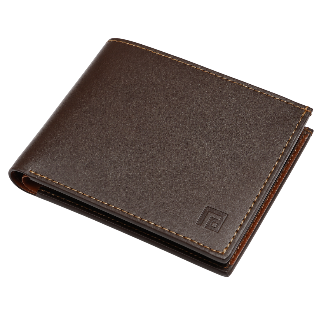Brown leather wallet with a visible brand logo on a white background