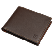 Brown leather wallet with a visible brand logo on a white background