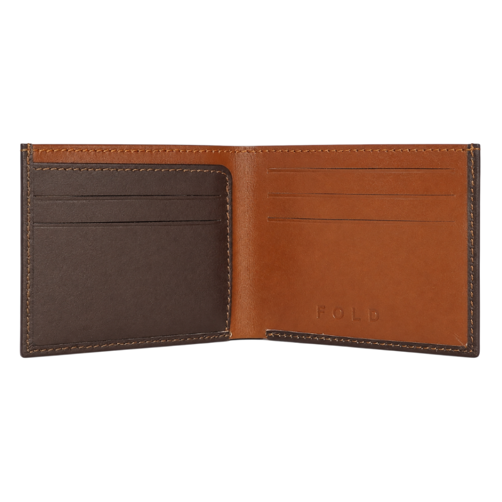 Brown leather wallet with visible brand logo on a white background
