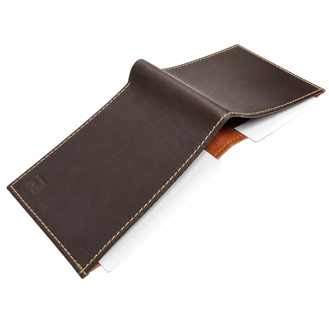 Brown leather sleeve with stitching detail on a white background