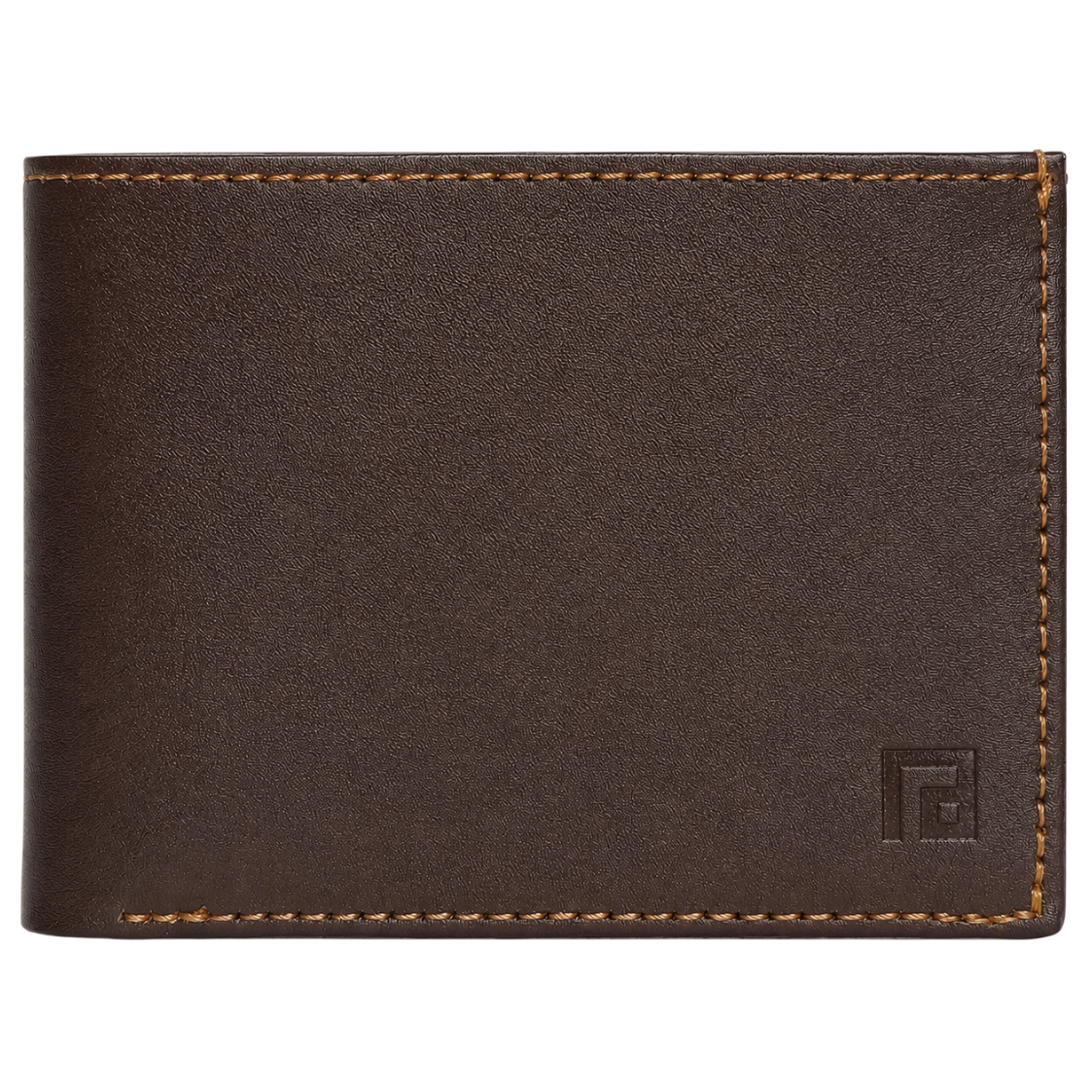Brown leather wallet with a brand logo on a white background