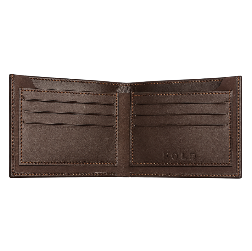 Fold brown leather wallet open interior organization