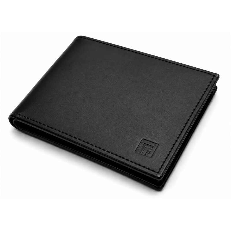 Fold black leather wallet open interior storage