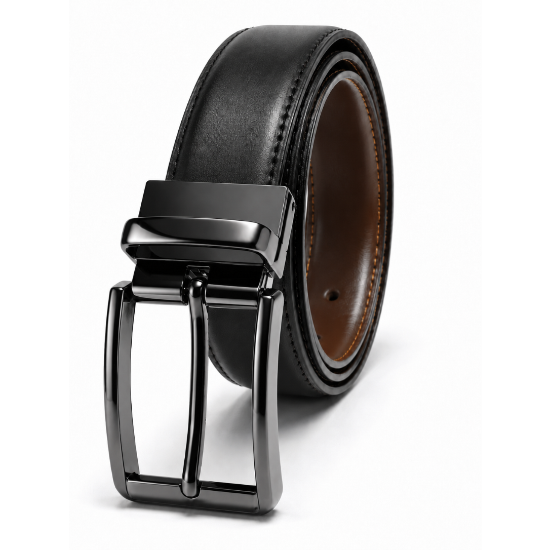 Black leather belt with a silver buckle on a white background
