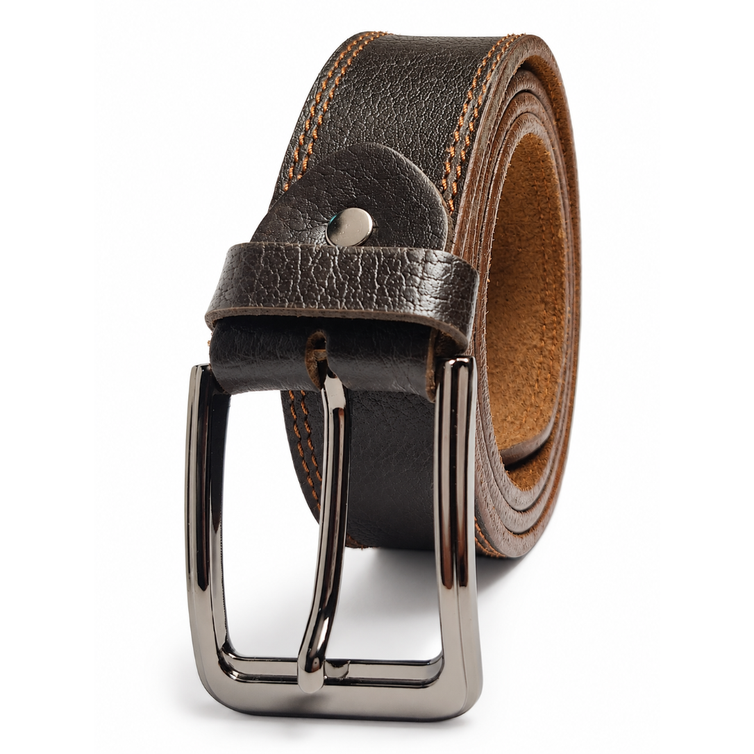 Brown leather belt with silver buckle on a white background