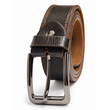 Brown leather belt with silver buckle on a white background