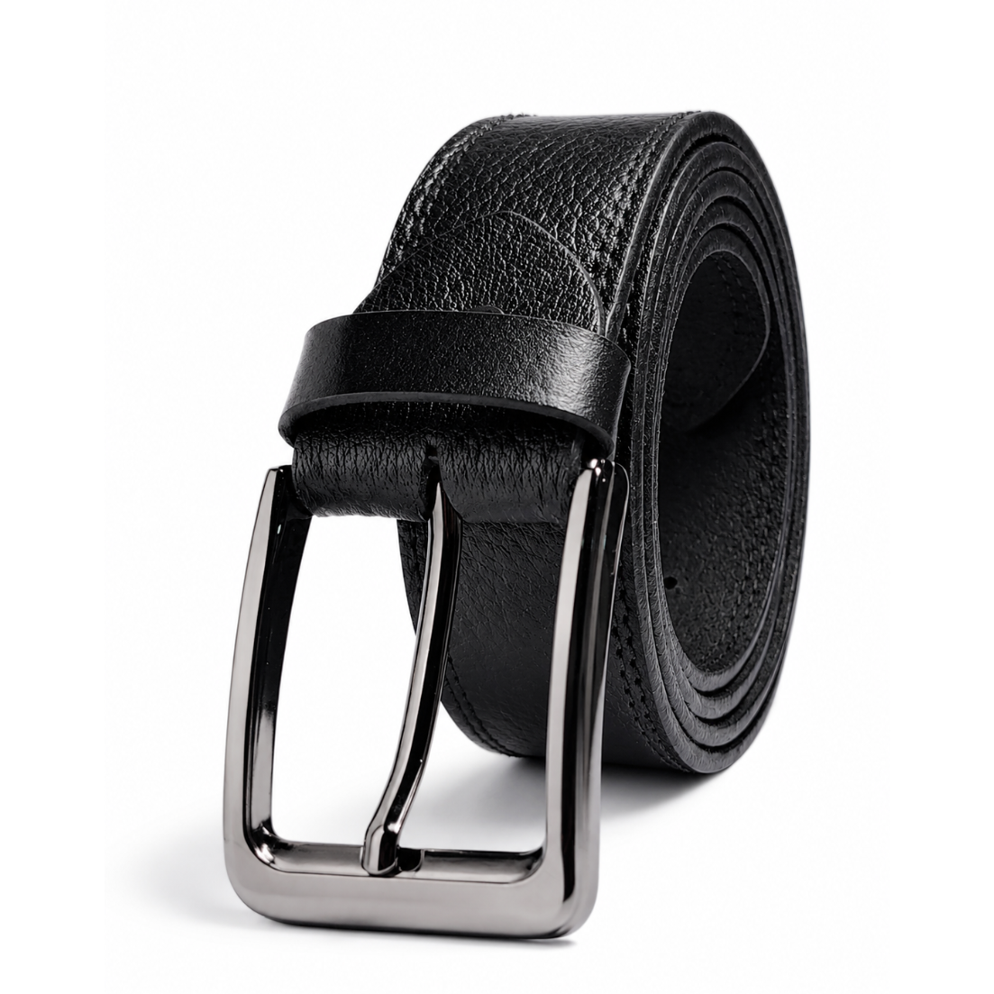 Black leather belt with silver buckle on a white background