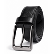 Black leather belt with silver buckle on a white background