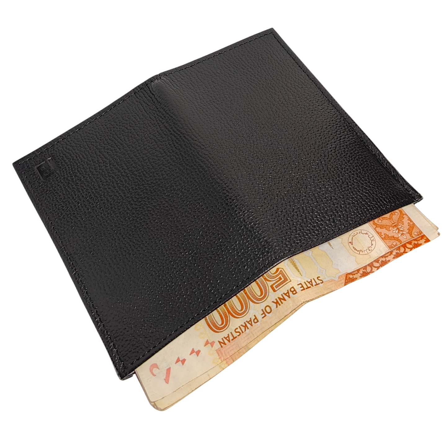 Fold premium black leather wallet front profile