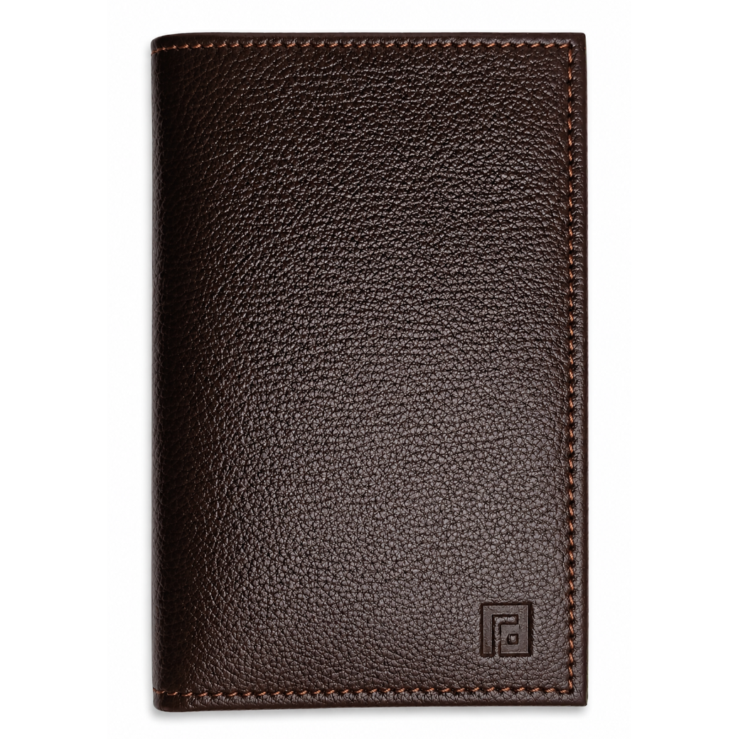 Fold handcrafted brown leather wallet angled detail