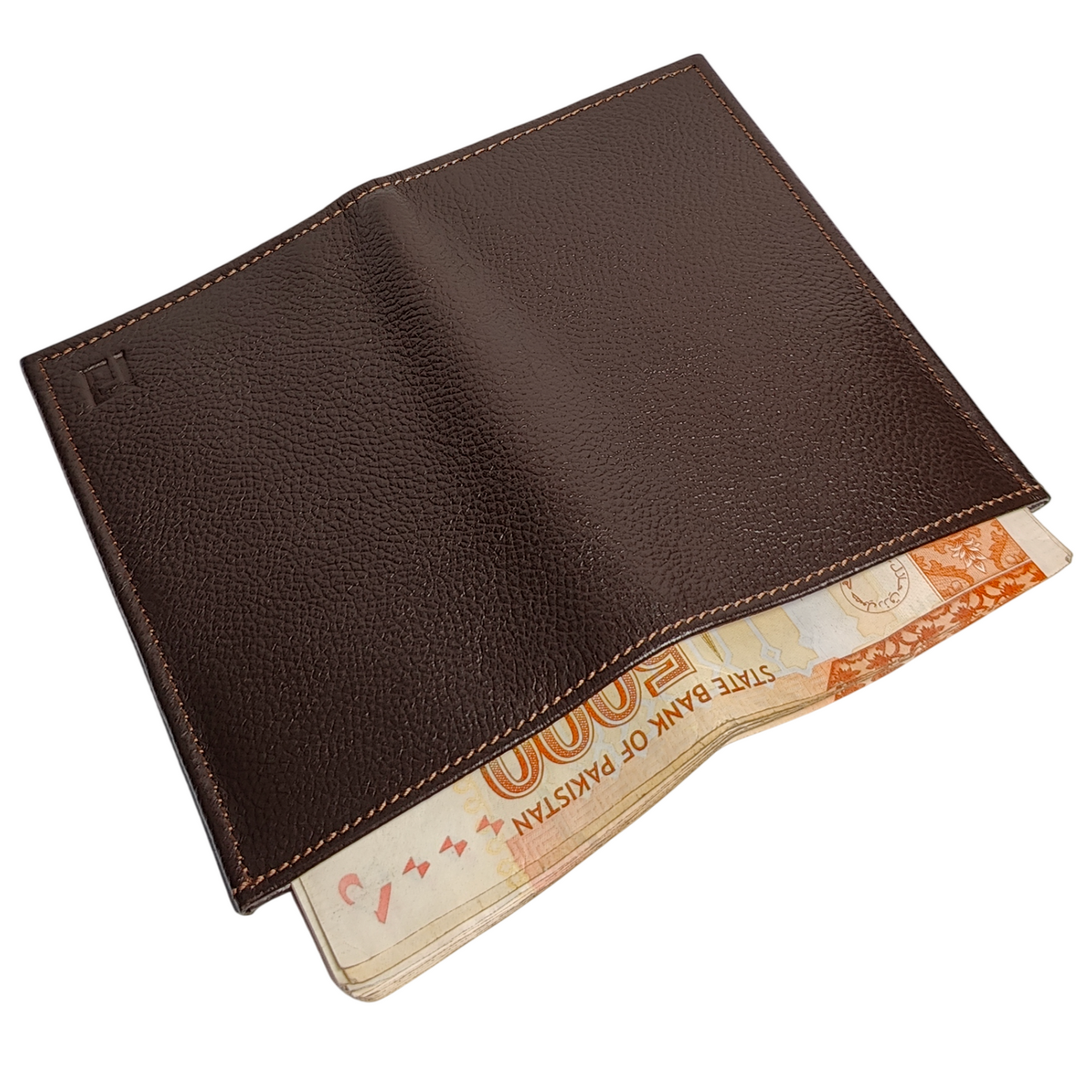 Fold minimalist brown leather wallet close-up