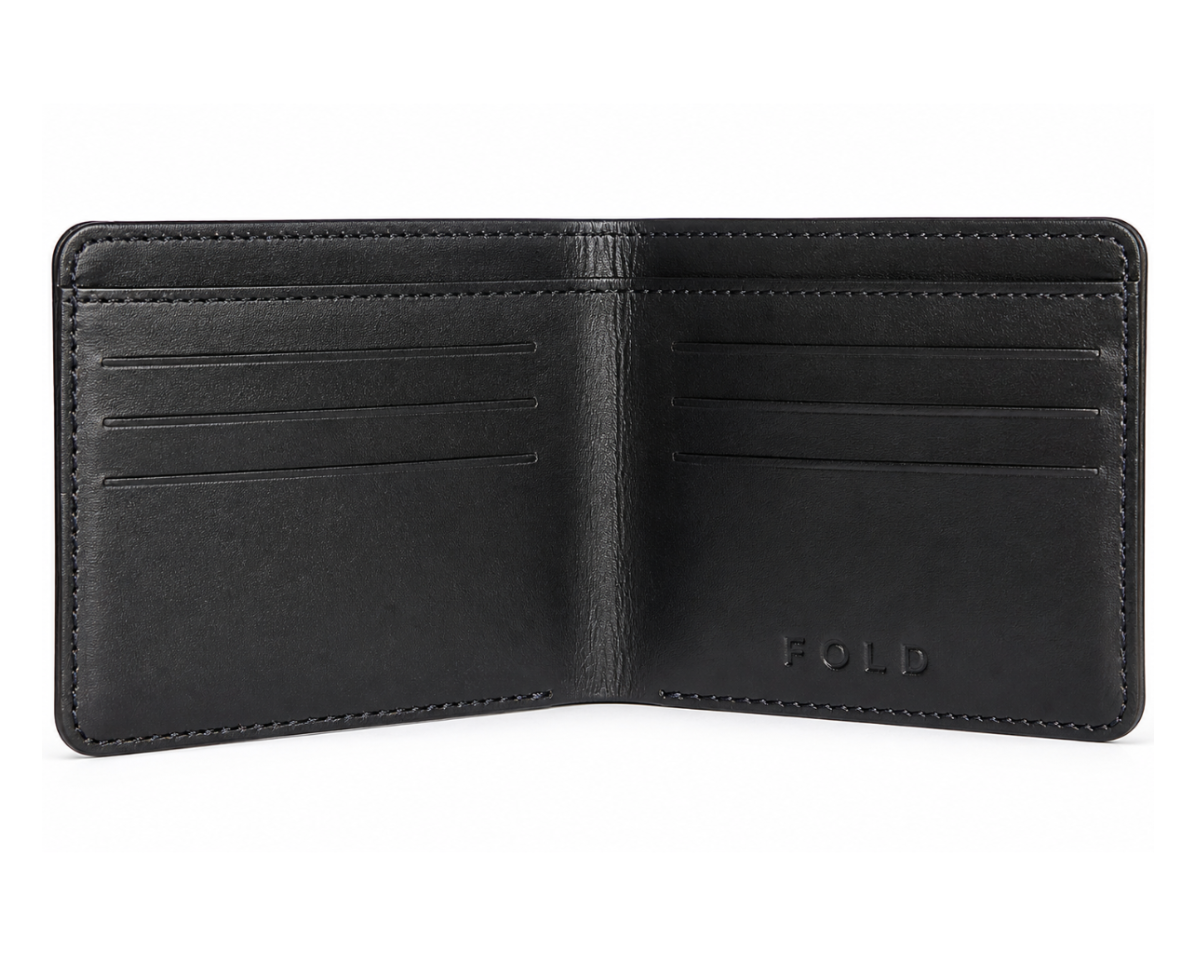 Fold black leather wallet open interior organization