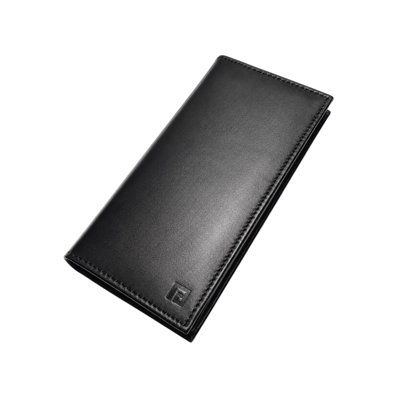 Fold Monarch black leather wallet close-up