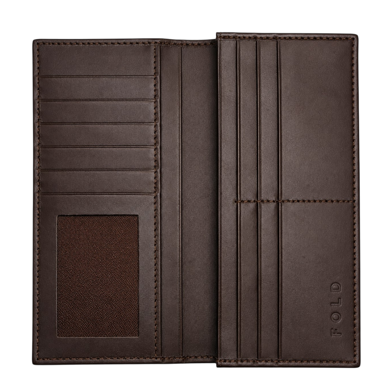 Brown leather wallet with stitching details on a light gray background