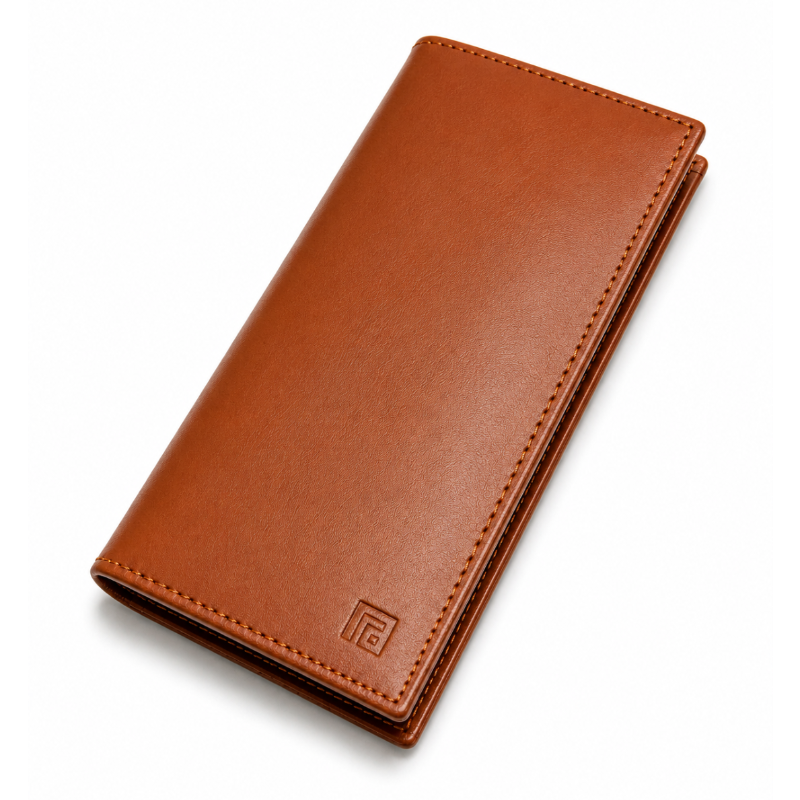 Fold Monarch minimalist tan leather wallet angled view
