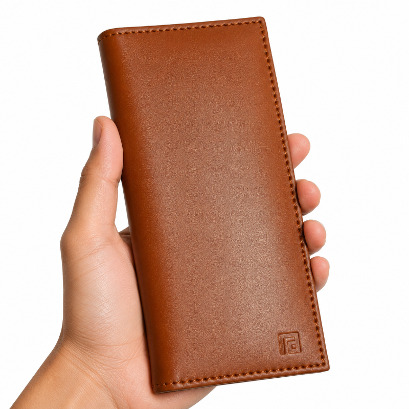 Monarch tan leather wallet held in a hand against a white background