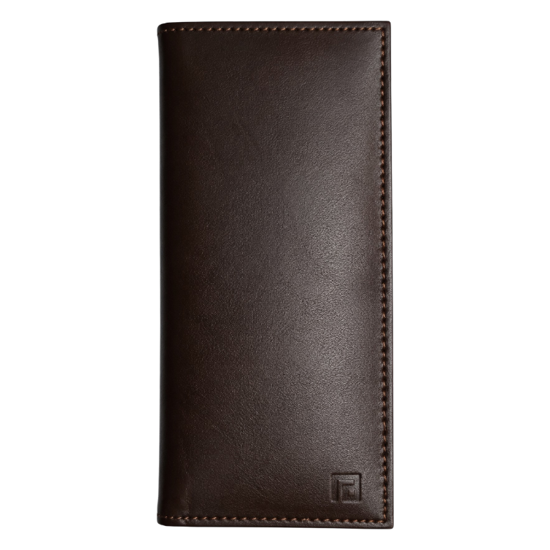Brown leather wallet with stitching detail on a white background