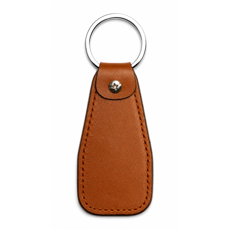 Brown leather keychain with silver ring on a white background