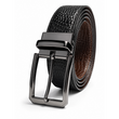 Black textured leather belt with silver buckle on a white background