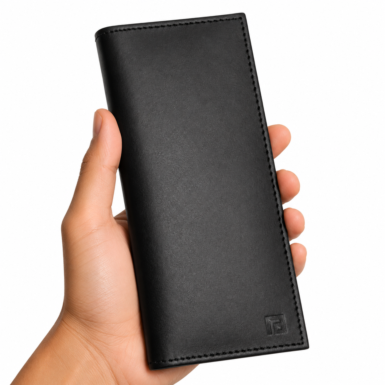 Hand holding a black leather wallet against a white background