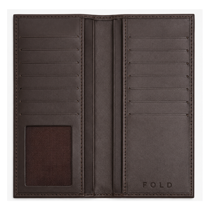Fold minimalist brown leather wallet angled profile