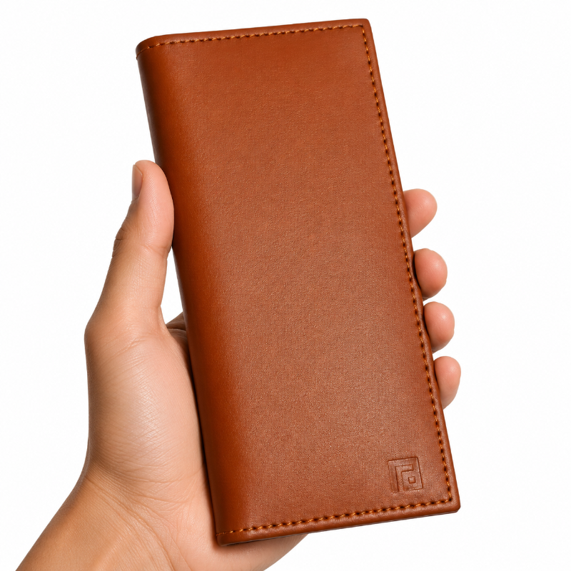 Brown leather wallet held in a hand against a white background