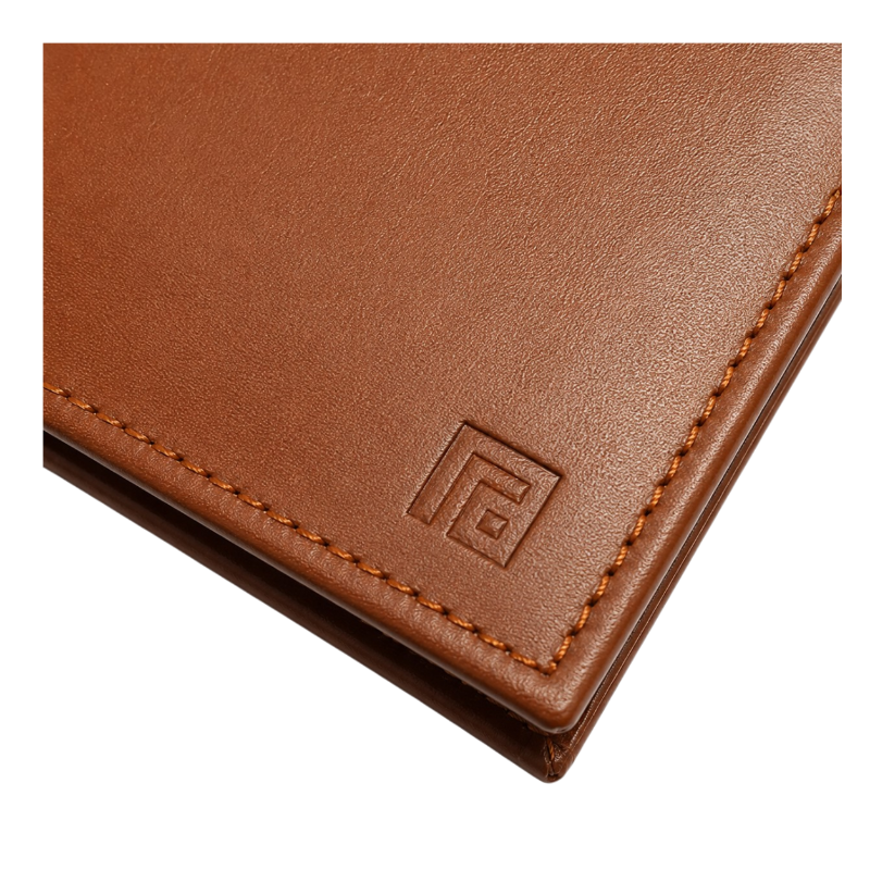 Fold premium tan leather wallet front view