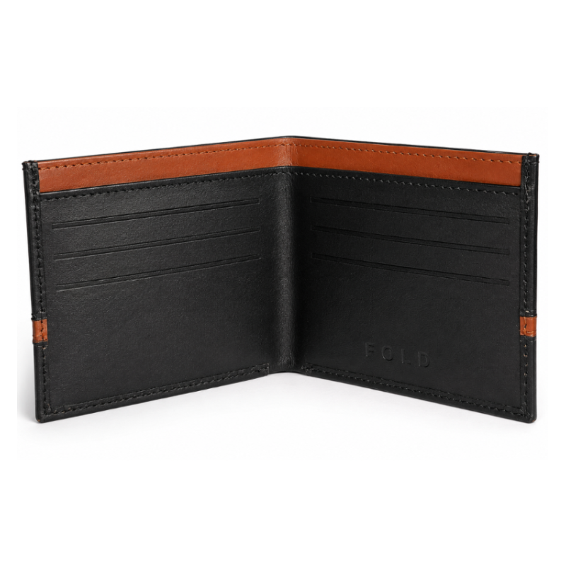 Fold black tan leather wallet open interior storage