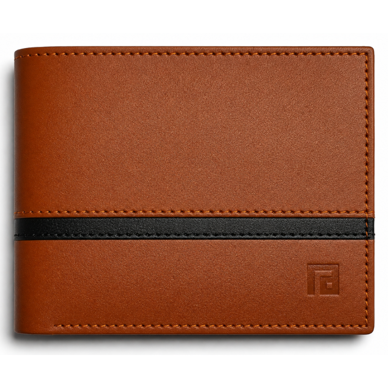 Fold premium tan and black leather wallet front view