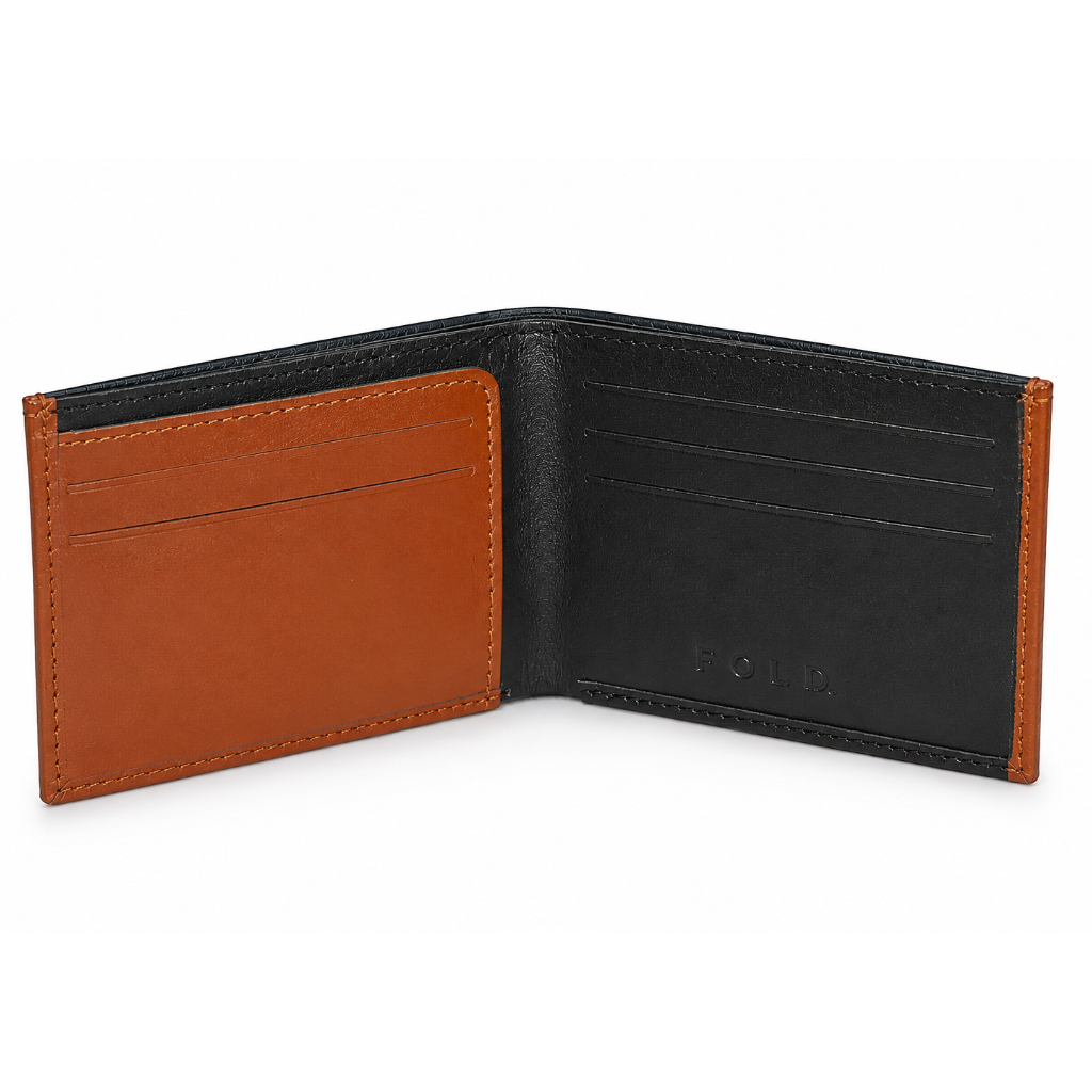 Fold slim tan and black leather wallet everyday carry